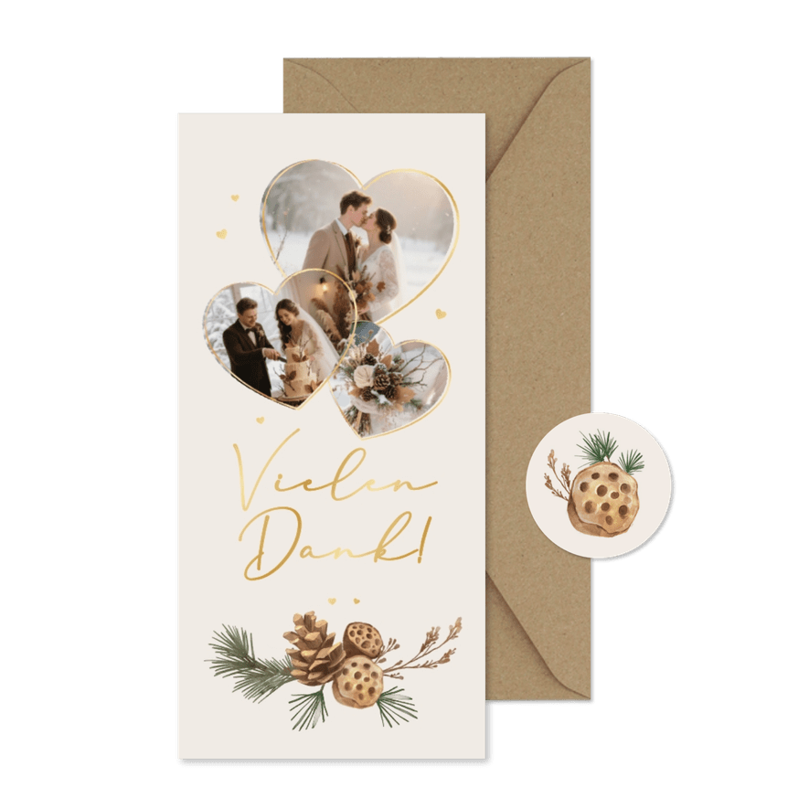 Dankeskarte Winterhochzeit Fotocollage Herzen Tannenzweige - Kartenvorschau
