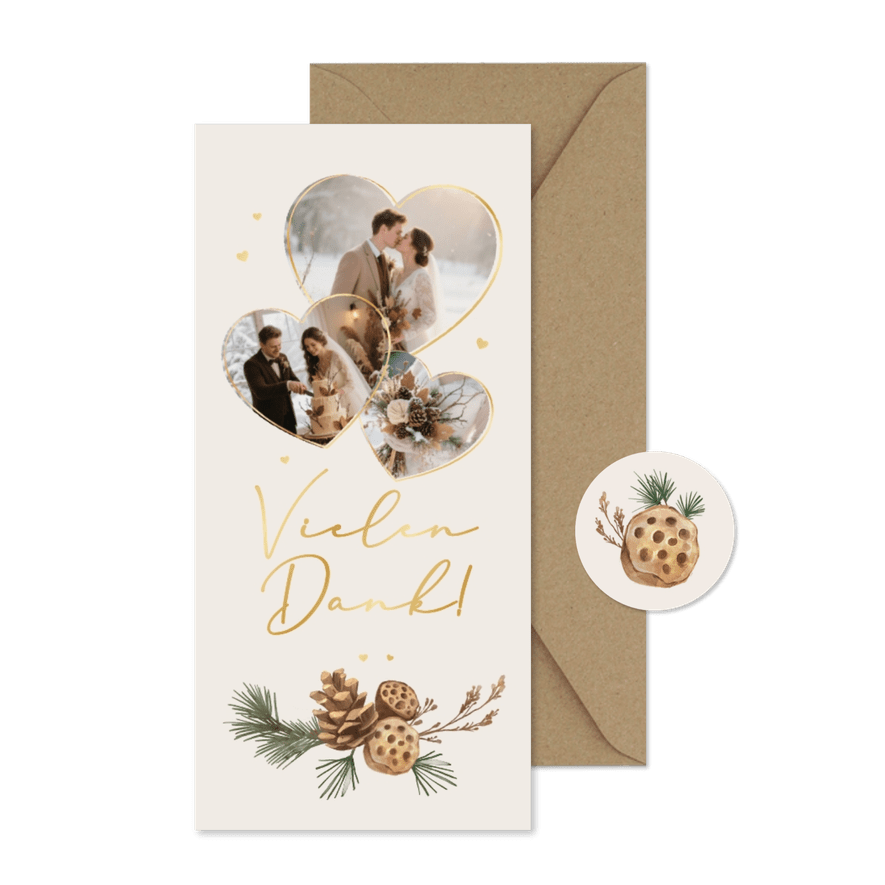 Dankeskarte Winterhochzeit Fotocollage Herzen Tannenzweige - Karteneindruck