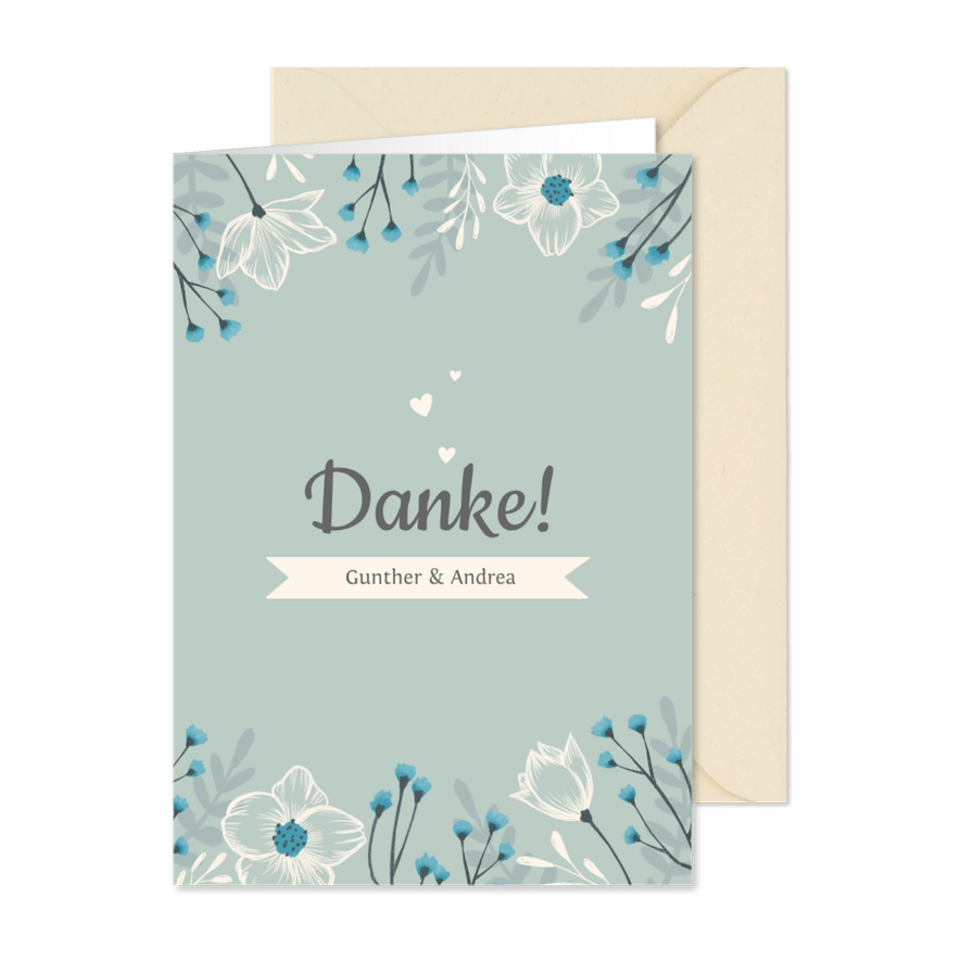 Dankeskarte zum Hochzeitstag blaue Blumen - Kartenvorschau