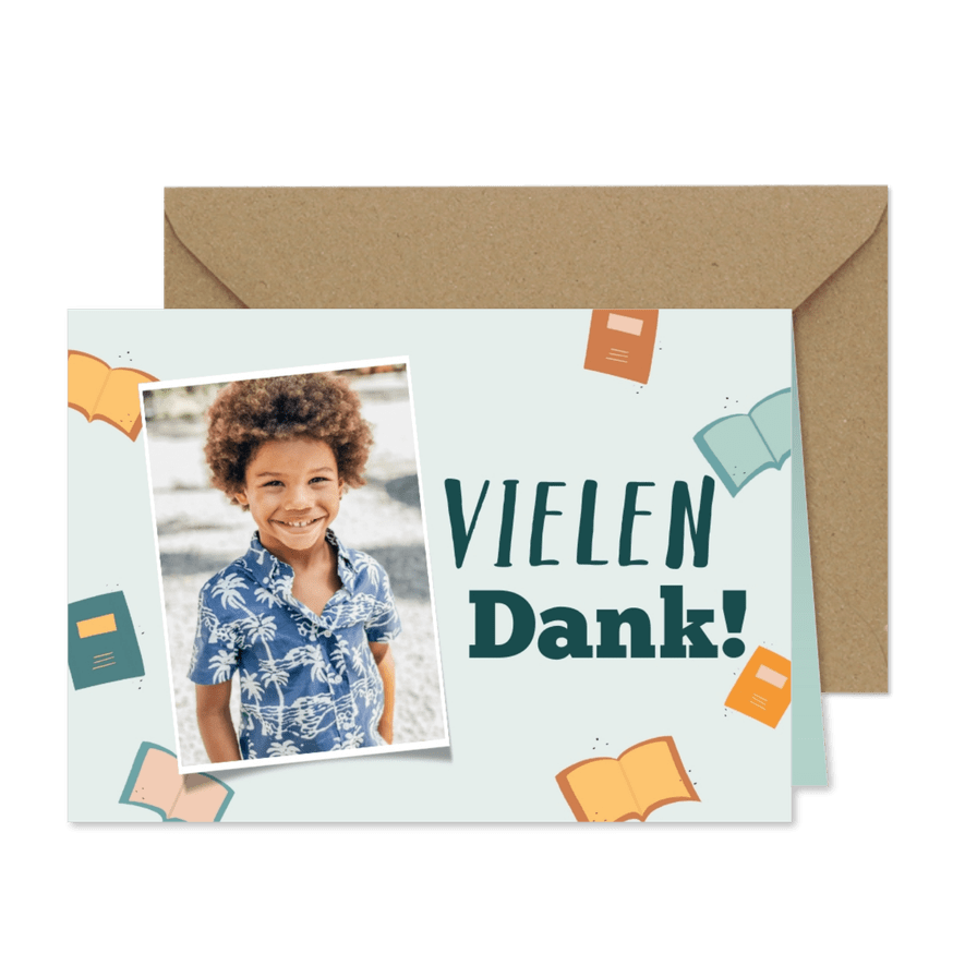 Dankeskarte zur Einschulung blau mit Heften und Foto - Kartenvorschau
