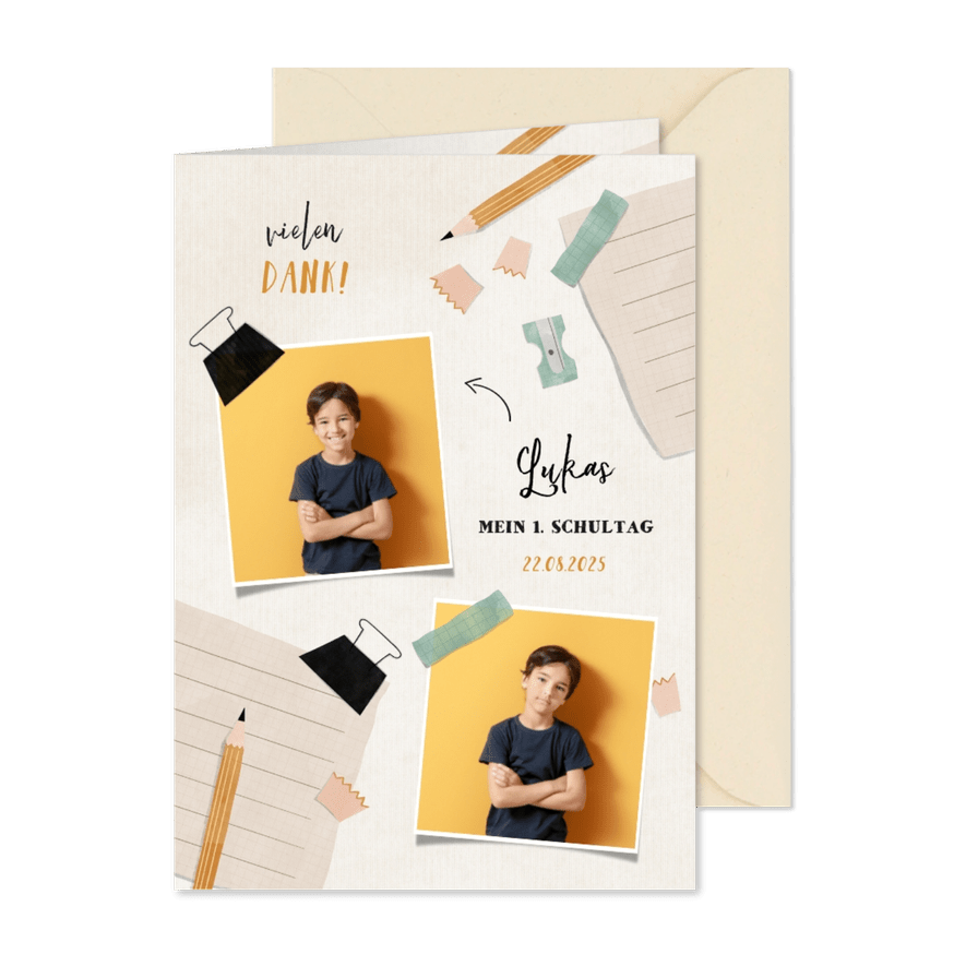 Dankeskarte zur Einschulung Foto, blauer Spitzer & Bleistift - Karteneindruck