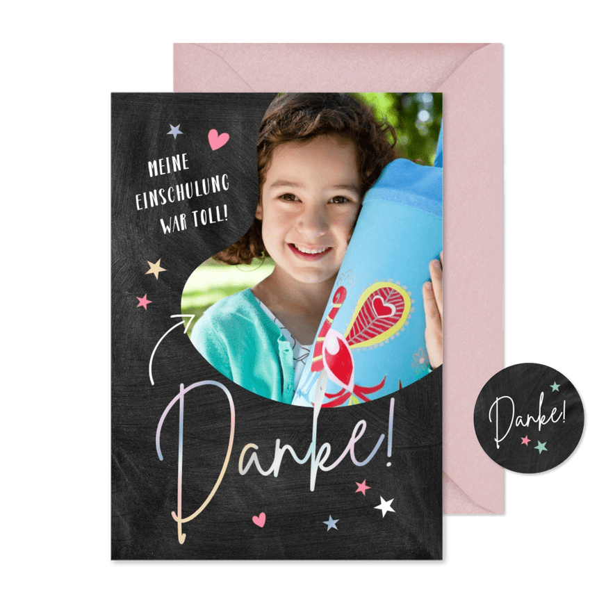 Dankeskarte zur Einschulung Foto, Herzchen & Sterne - Karteneindruck