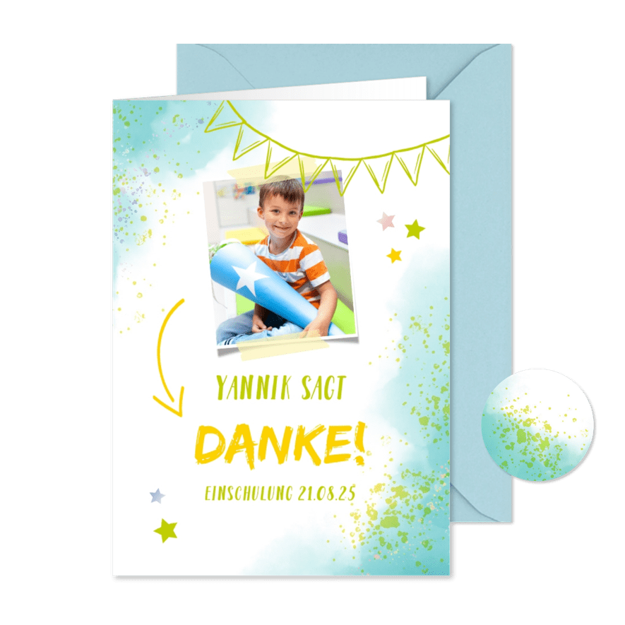 Dankeskarte zur Einschulung Foto & blaugrüne Kleckse - Karteneindruck