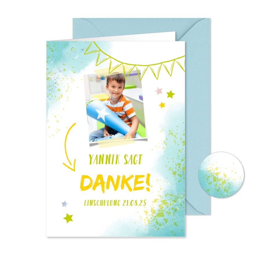 Dankeskarte zur Einschulung Foto & blaugrüne Kleckse - Karteneindruck
