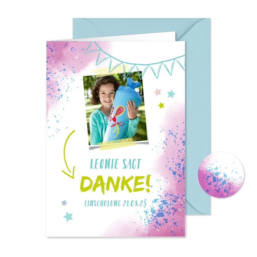 Dankeskarte zur Einschulung Foto & rosablaue Kleckse - Karteneindruck