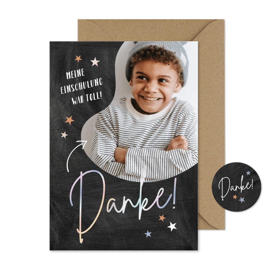 Dankeskarte zur Einschulung Foto & Sterne - Karteneindruck
