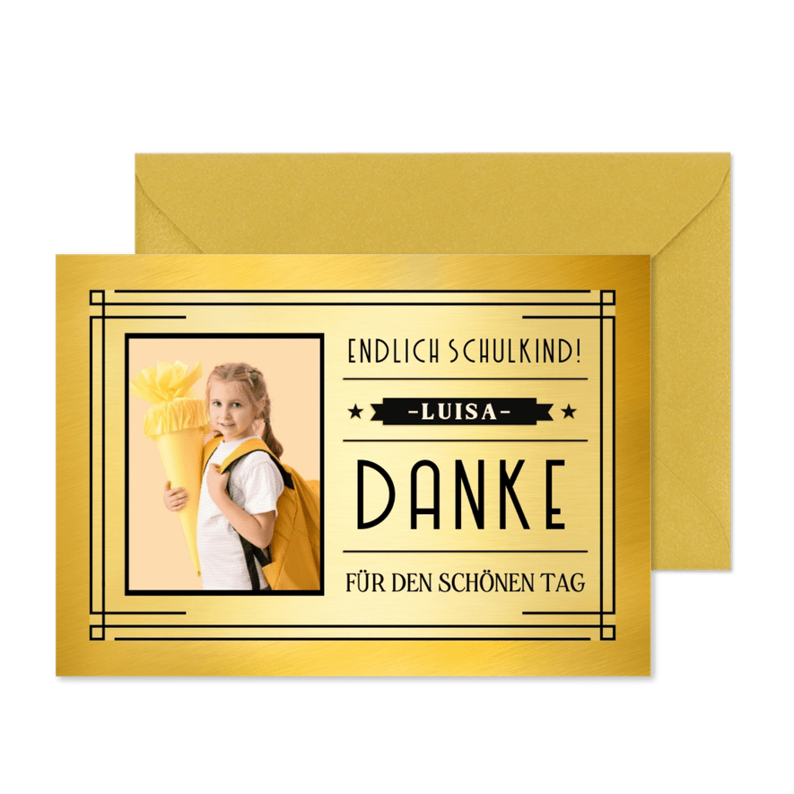 Dankeskarte zur Einschulung Goldlook mit Foto - Karteneindruck
