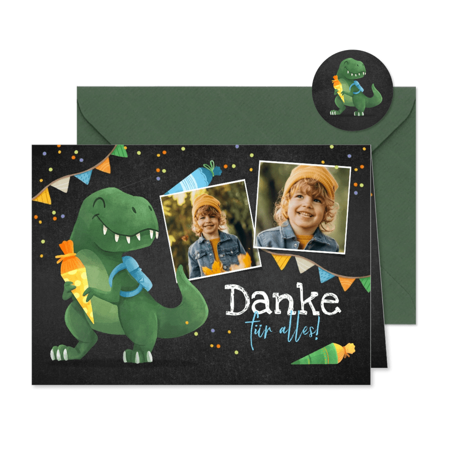 Dankeskarte zur Einschulung lustiger T-Rex & Schultüte - Kartenvorschau