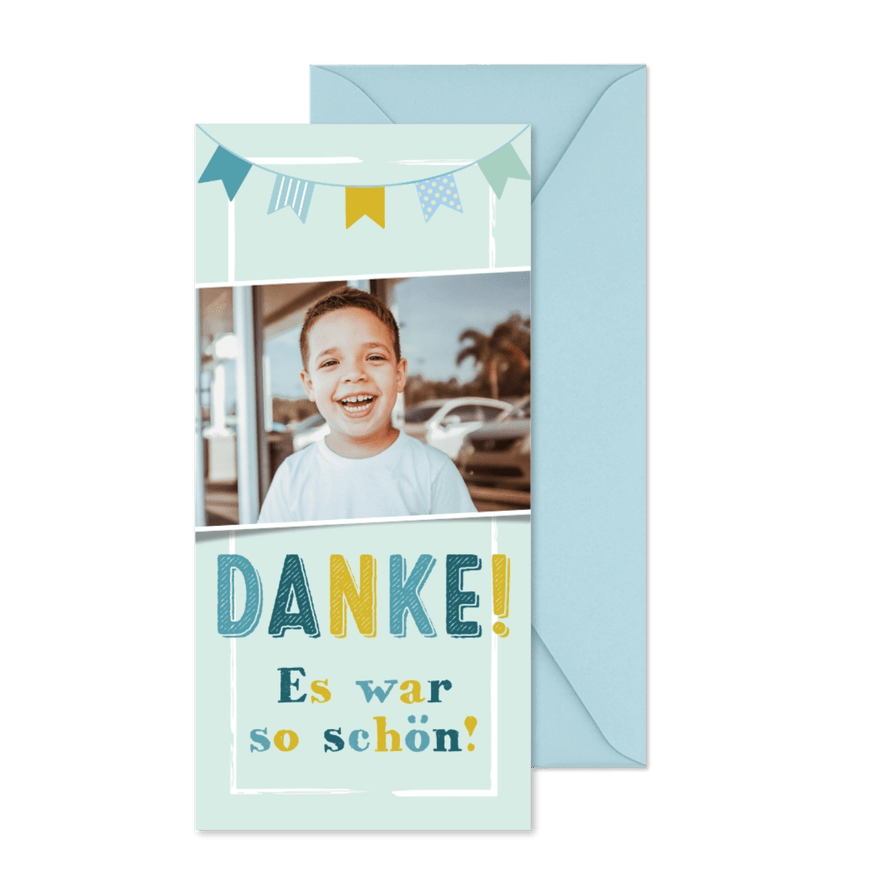 Dankeskarte zur Einschulung mit blauer Wimpelkette - Karteneindruck