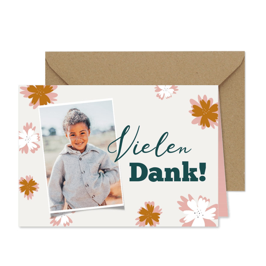 Dankeskarte zur Einschulung mit Foto und Blüten - Karteneindruck