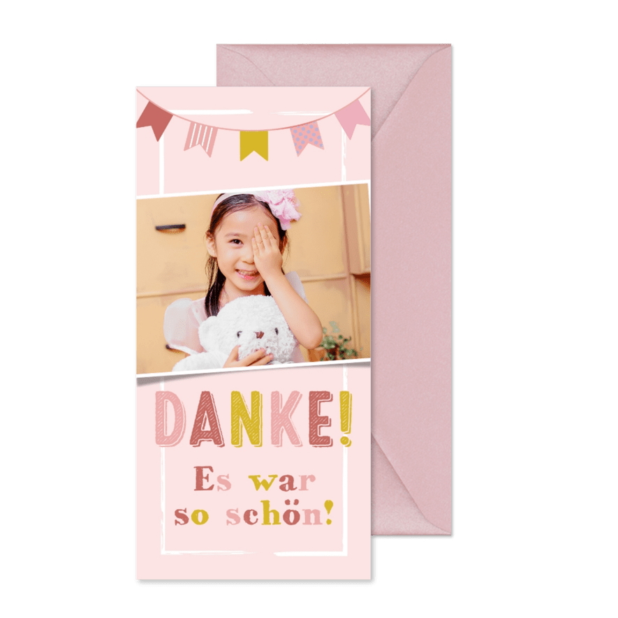 Dankeskarte zur Einschulung mit rosa Wimpelkette - Karteneindruck