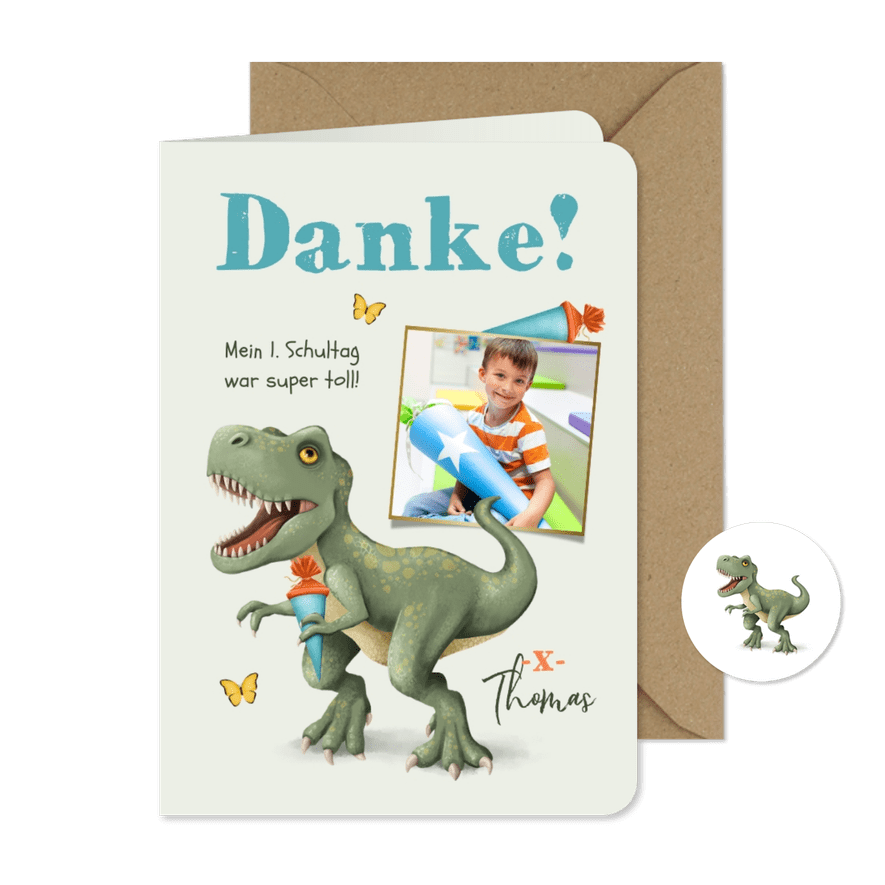 Dankeskarte zur Einschulung mit T-Rex und Foto - Karteneindruck
