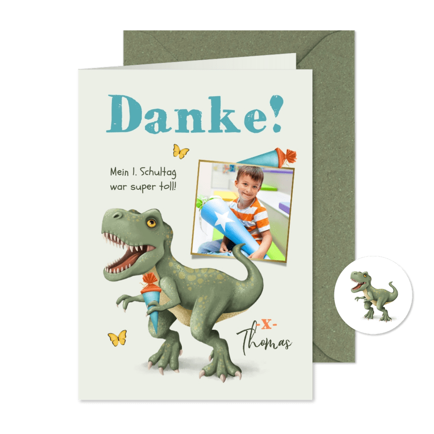 Dankeskarte zur Einschulung mit T-Rex und Foto - Kartenvorschau
