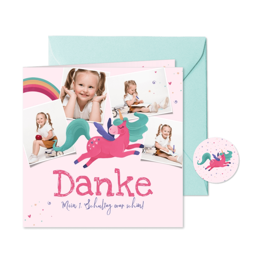 Dankeskarte zur Einschulung Regenbogen & Einhorn - Karteneindruck
