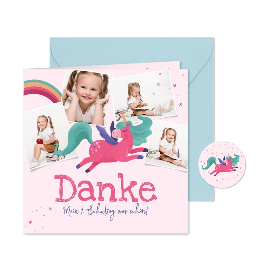 Dankeskarte zur Einschulung Regenbogen & Einhorn - Kartenvorschau