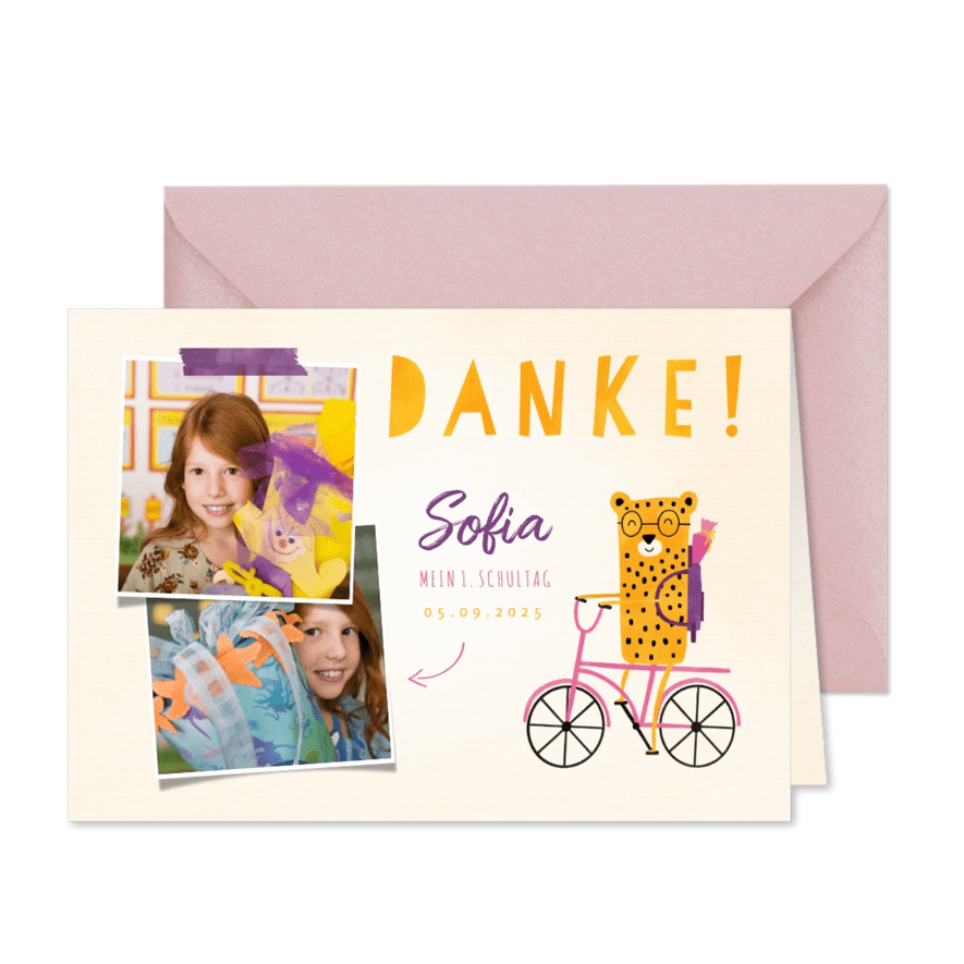 Dankeskarte zur Einschulung rosa Rad mit Leopard - Karteneindruck
