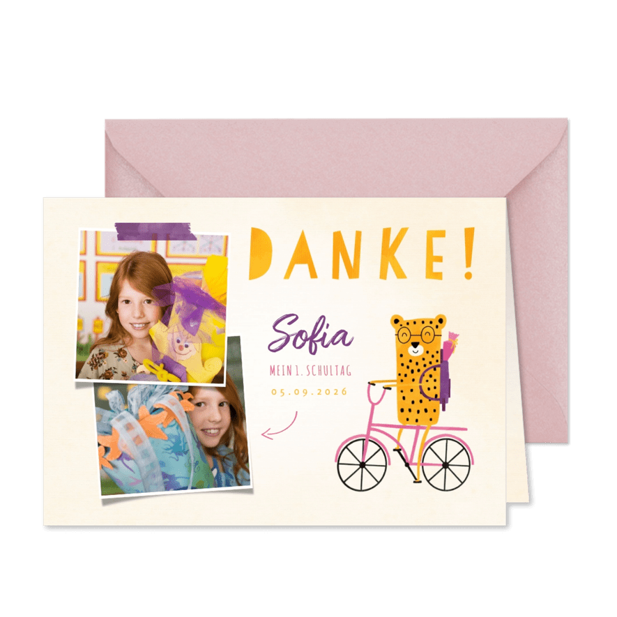 Dankeskarte zur Einschulung rosa Rad mit Leopard - Karteneindruck
