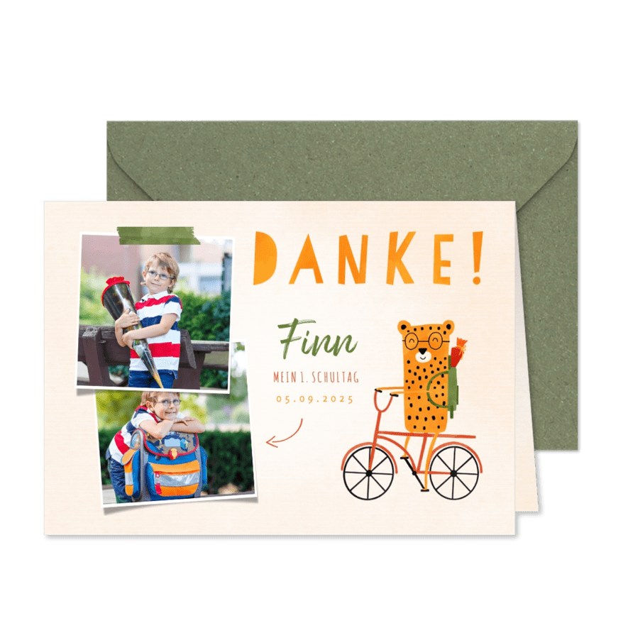 Dankeskarte zur Einschulung rotes Rad mit Leopard - Karteneindruck