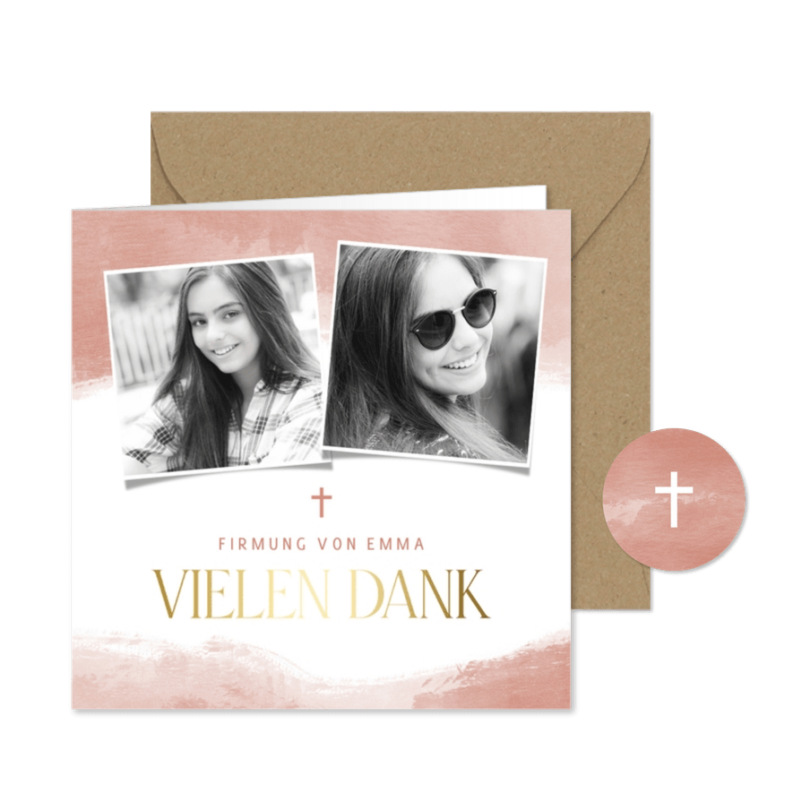 Dankeskarte zur Firmung Fotocollage korallrosa - Karteneindruck