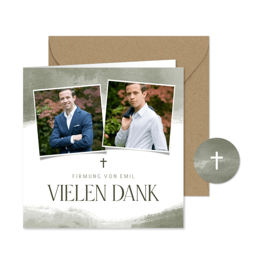 Dankeskarte zur Firmung Fotocollage olivgrün - Kartenvorschau