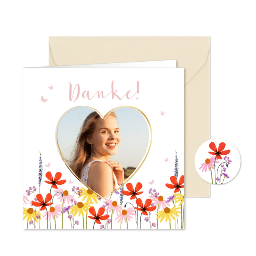 Dankeskarte zur Firmung Herzfoto & Blumenwiese - Karteneindruck