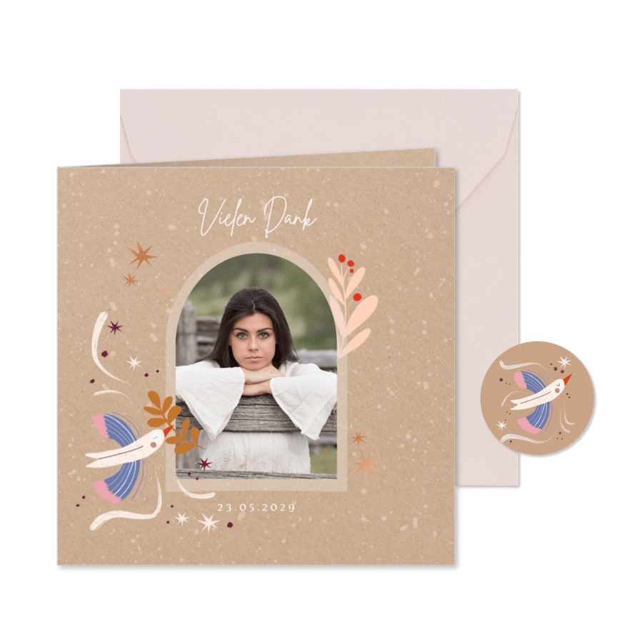 Dankeskarte zur Firmung mit Foto, Taube und Zweigen - Karteneindruck
