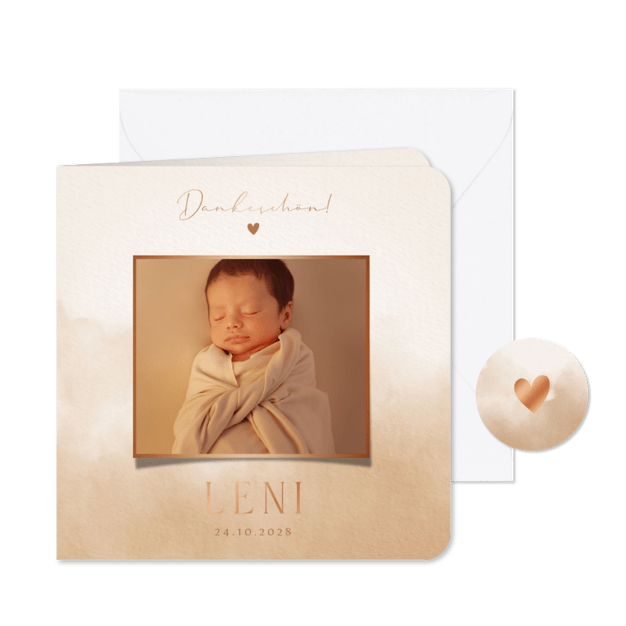 Dankeskarte zur Geburt beige Aquarell, Foto & Kupferschrift - Karteneindruck