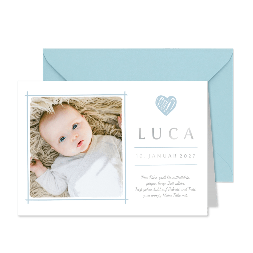 Dankeskarte zur Geburt blaues Herz & eigenes Foto  - Karteneindruck
