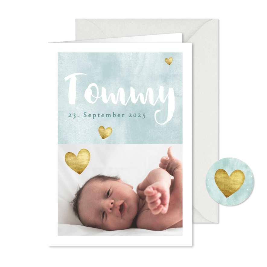 Dankeskarte zur Geburt eigenes Foto blau Aquarell - Karteneindruck
