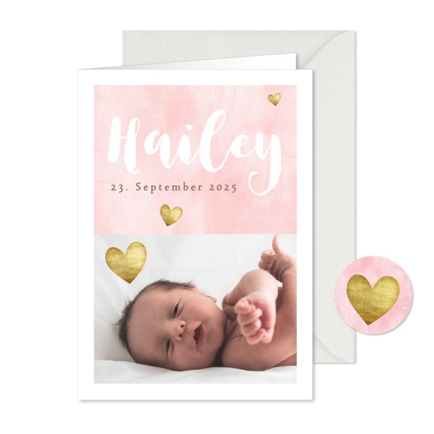Dankeskarte zur Geburt eigenes Foto rosa Aquarell - Karteneindruck