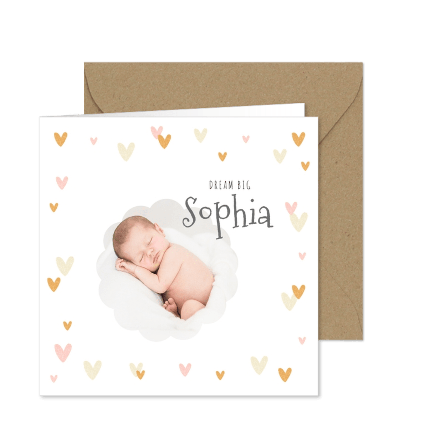 Dankeskarte zur Geburt eigenes Foto und Herzchenrahmen - Karteneindruck