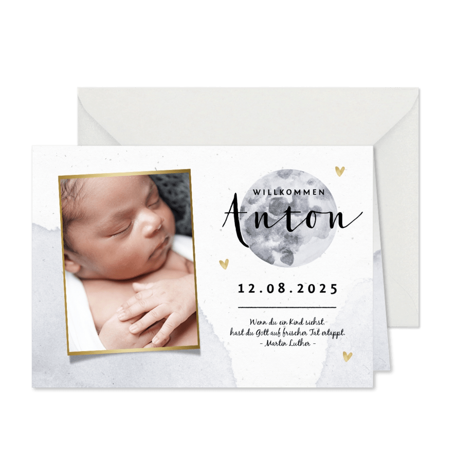 Dankeskarte zur Geburt eigenes Foto und Mond - Karteneindruck