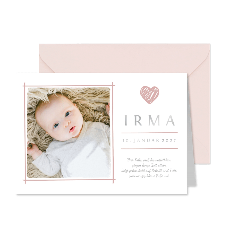 Dankeskarte zur Geburt eigenes Foto und rosa Herz - Karteneindruck