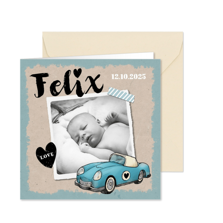 Dankeskarte zur Geburt Foto und Oldtimer - Karteneindruck