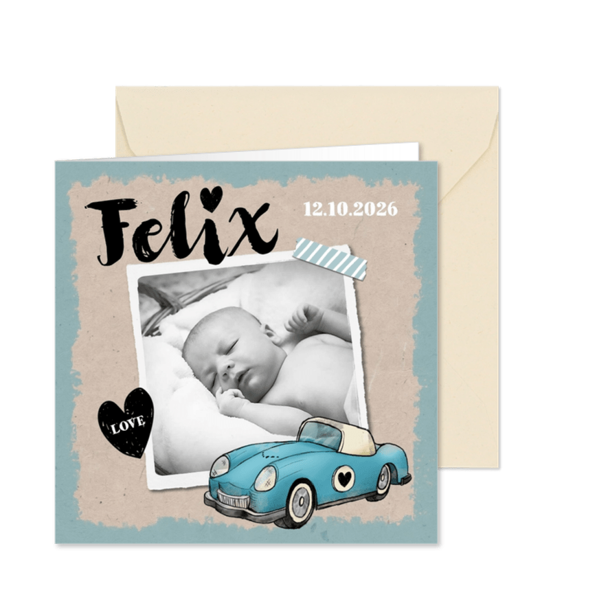 Dankeskarte zur Geburt Foto und Oldtimer - Karteneindruck
