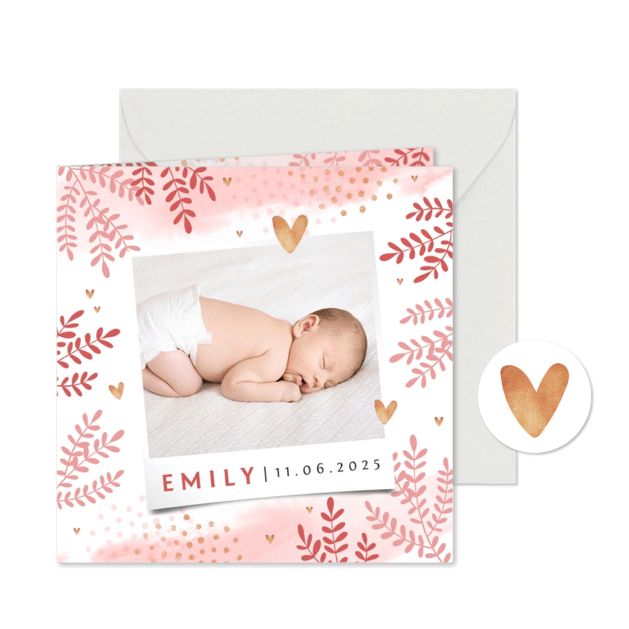 Dankeskarte zur Geburt Foto und rosa Zweige - Karteneindruck