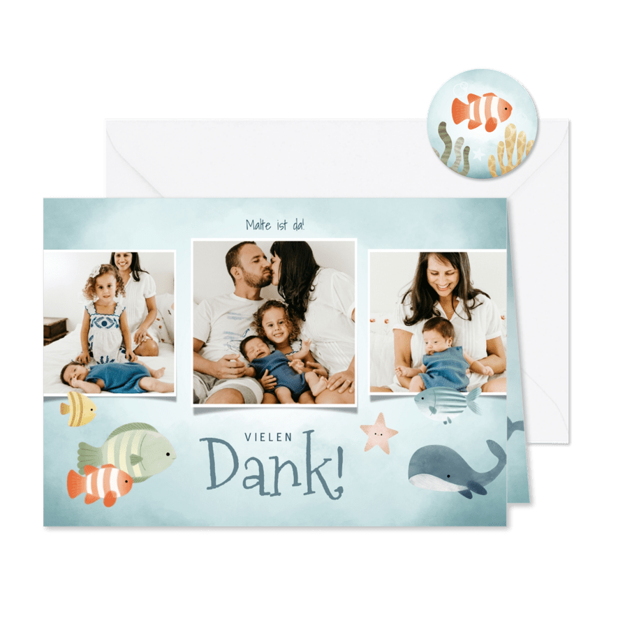 Dankeskarte zur Geburt Fotocollage blaue Unterwasserwelt - Karteneindruck
