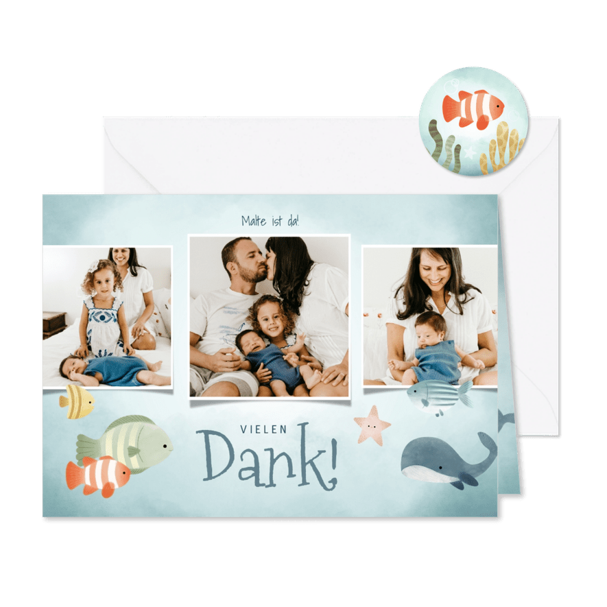 Dankeskarte zur Geburt Fotocollage blaue Unterwasserwelt - Kartenvorschau