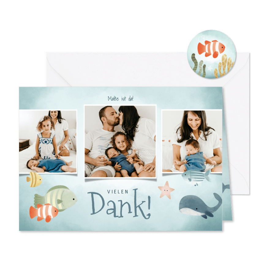 Dankeskarte zur Geburt Fotocollage blaue Unterwasserwelt - Karteneindruck