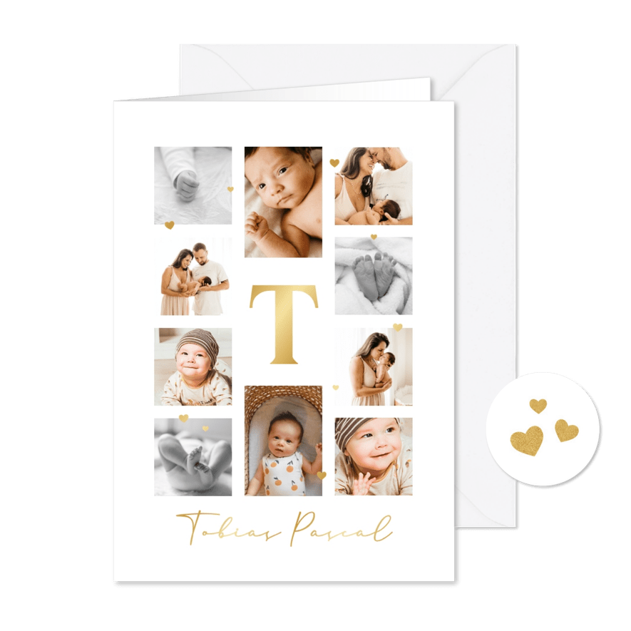 Dankeskarte zur Geburt Fotocollage & Initiale gold - Karteneindruck
