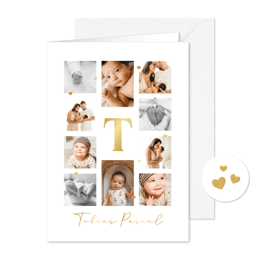 Dankeskarte zur Geburt Fotocollage & Initiale gold - Karteneindruck
