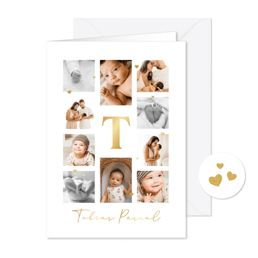 Dankeskarte zur Geburt Fotocollage & Initiale gold - Karteneindruck

