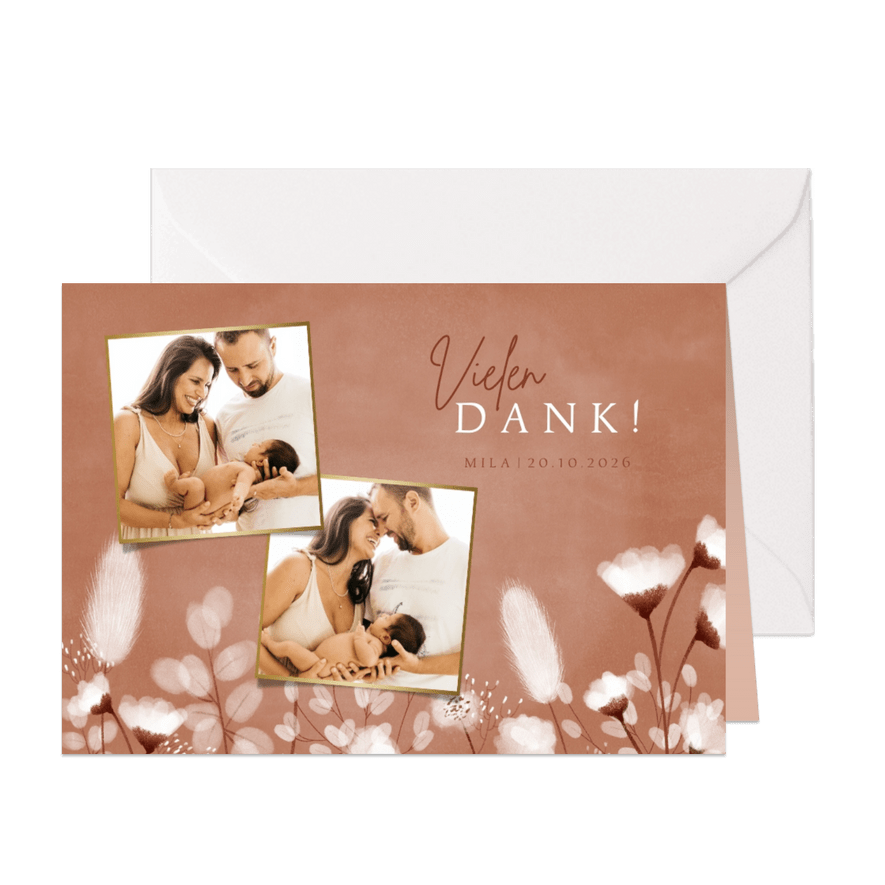 Dankeskarte zur Geburt Fotos & weiße Blumen - Karteneindruck
