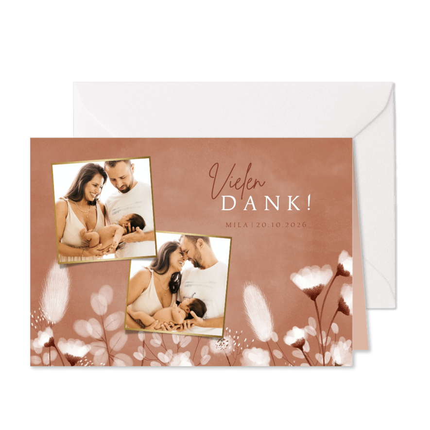 Dankeskarte zur Geburt Fotos & weiße Blumen - Karteneindruck
