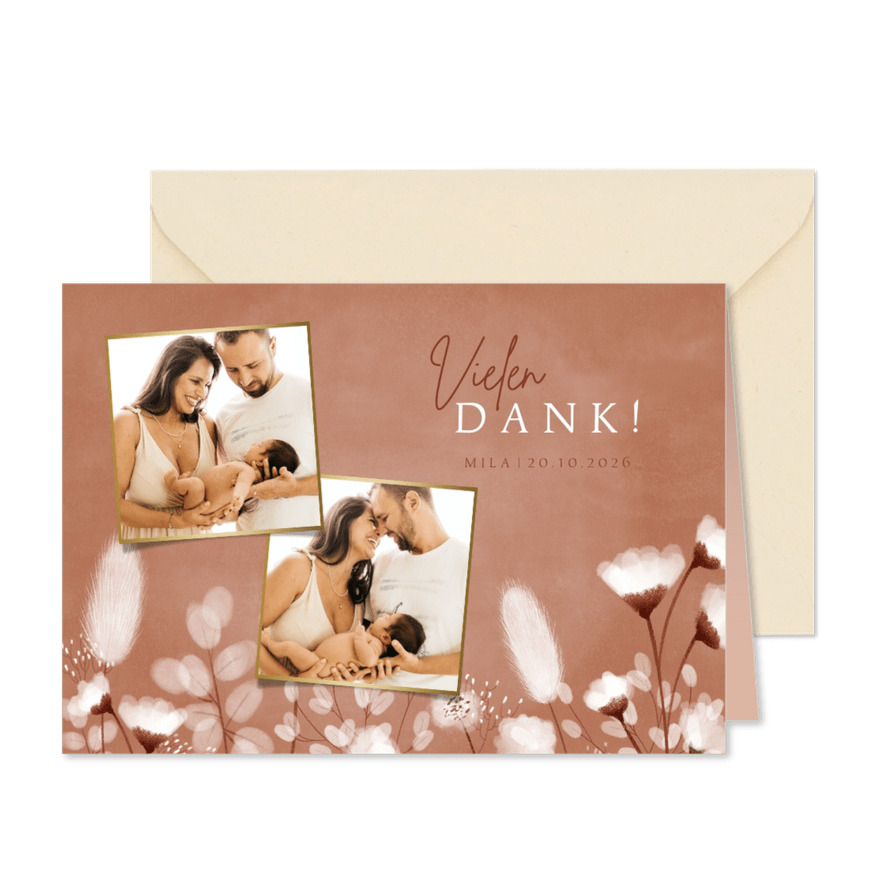 Dankeskarte zur Geburt Fotos & weiße Blumen - Karteneindruck