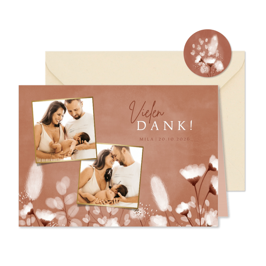 Dankeskarte zur Geburt Fotos & weiße Blumen - Karteneindruck
