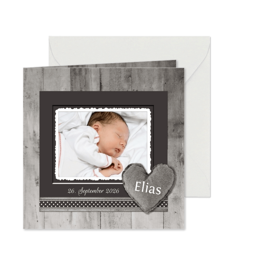 Dankeskarte zur Geburt Holzlook Herz mit Foto - Karteneindruck