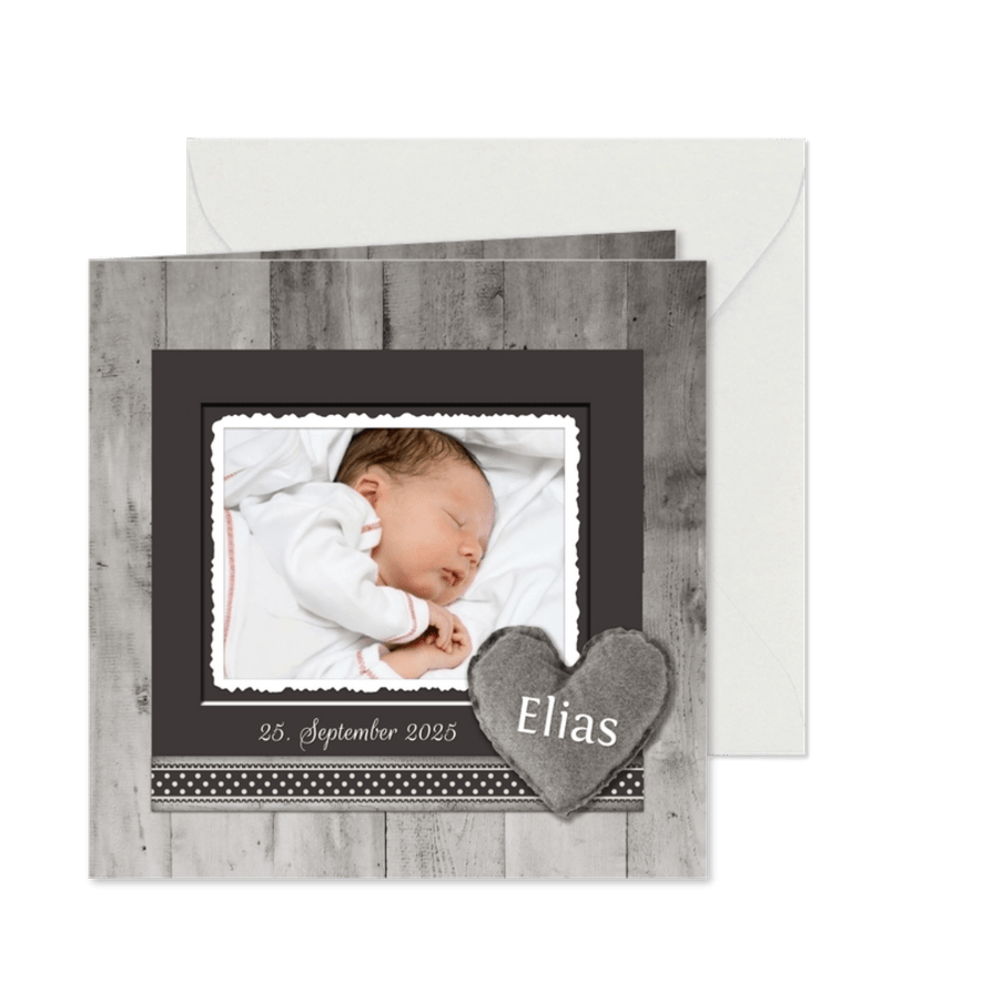 Dankeskarte zur Geburt Holzlook Herz mit Foto - Karteneindruck
