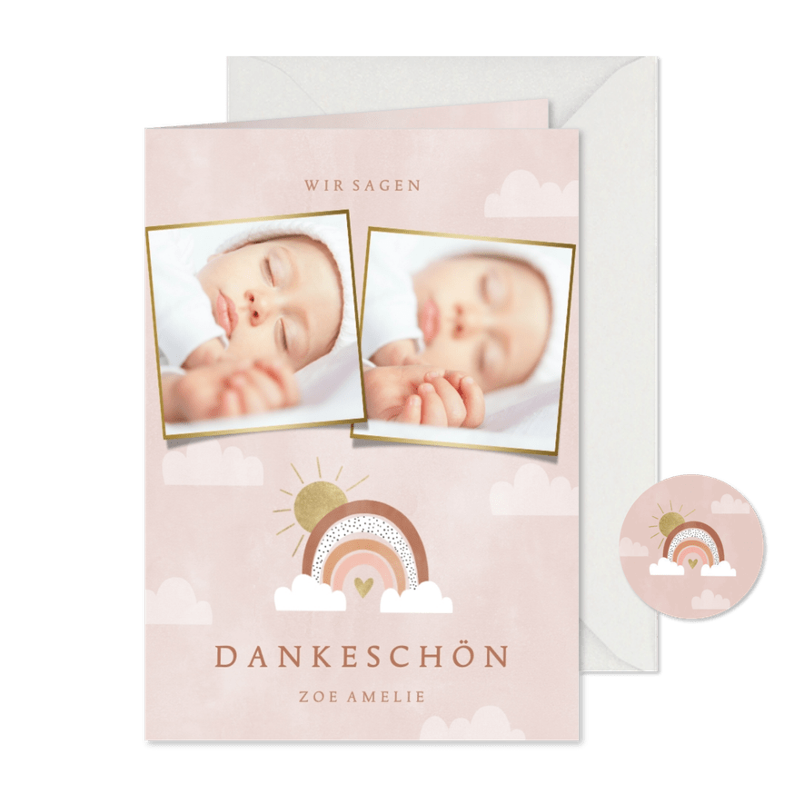 Dankeskarte zur Geburt Regenbogen rosa und Fotocollage - Kartenvorschau
