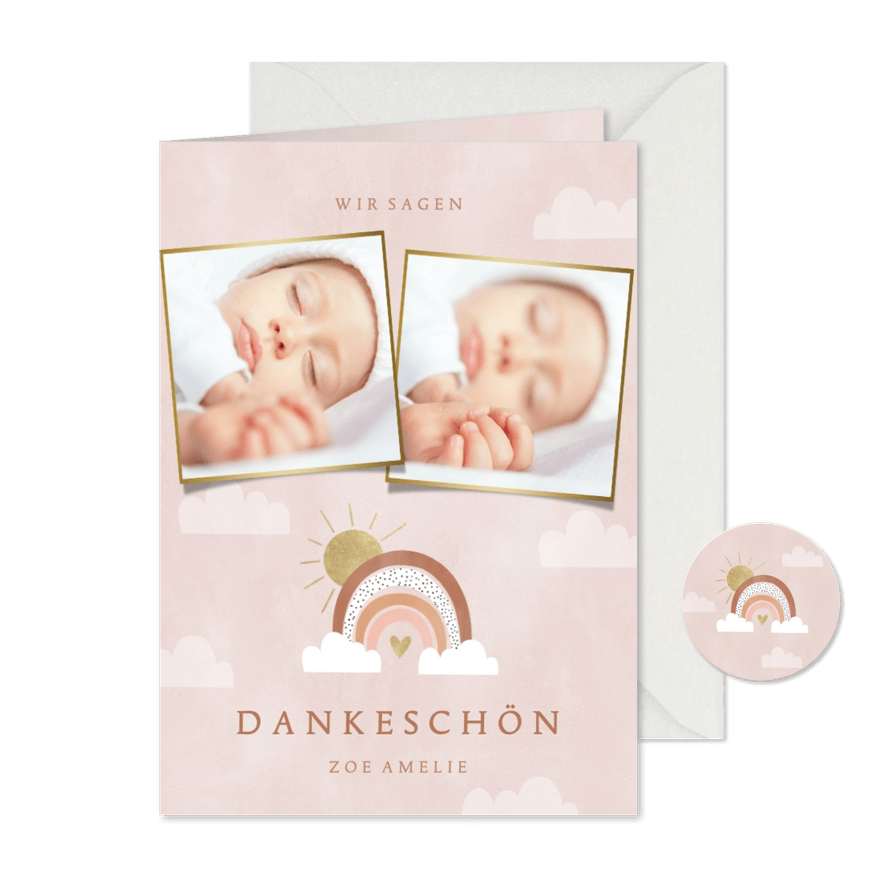 Dankeskarte zur Geburt Regenbogen rosa und Fotocollage - Karteneindruck